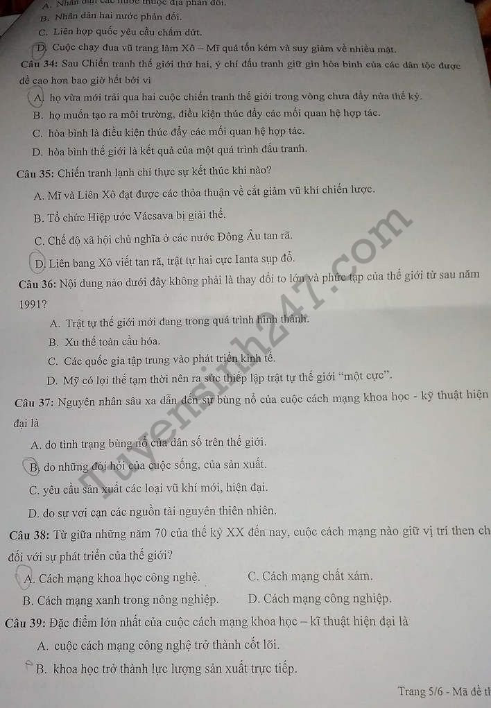 De thi thu THPTQG mon Su 2018 - THPT Chuyen Thai Binh lan 2