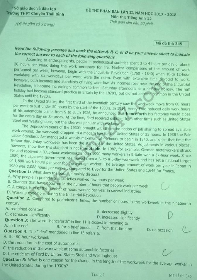 De thi thu THPTQG mon Anh THPT Chuyen Thai Binh lan 2 nam 2018