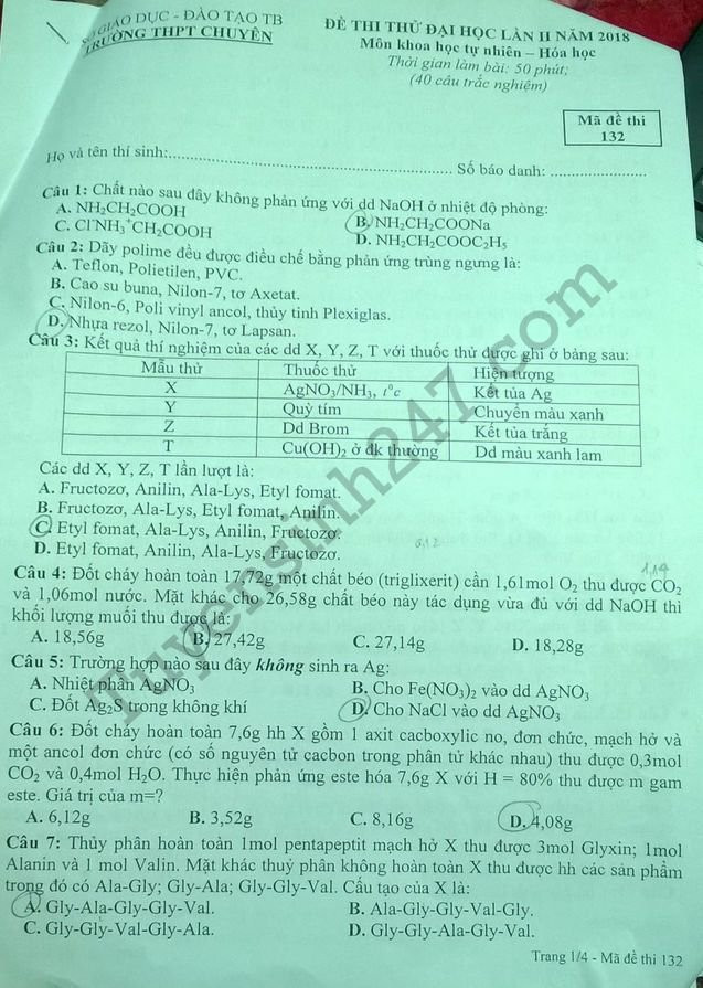 De thi thu THPTQG mon Hoa 2018 - THPT Chuyen Thai Binh lan 2