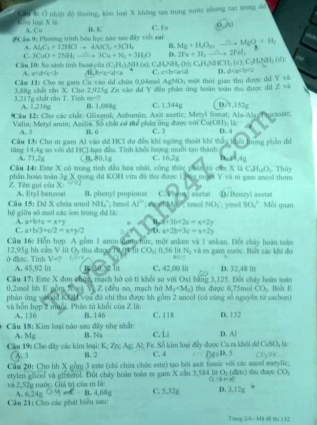 De thi thu THPTQG mon Hoa 2018 - THPT Chuyen Thai Binh lan 2