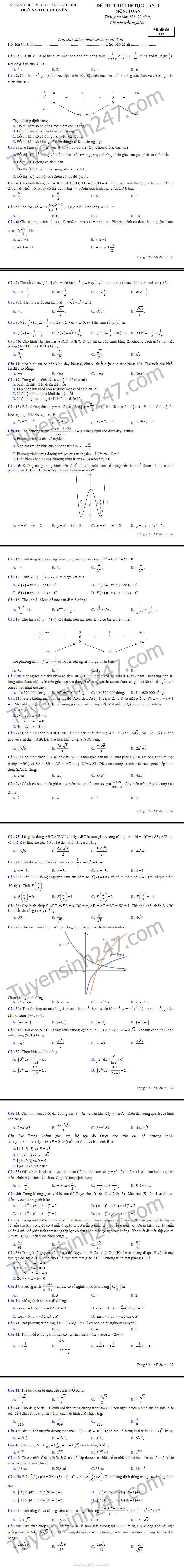 De thi thu THPTQG mon Toan THPT Chuyen Thai Binh lan 2 nam 2018