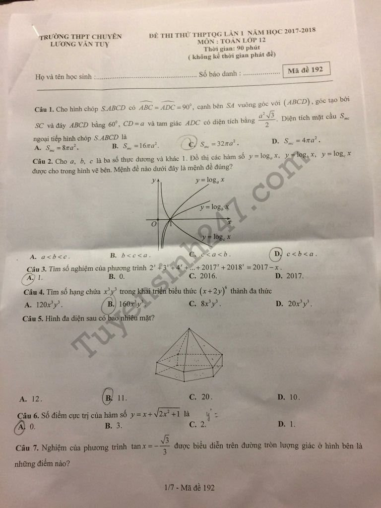 De thi thu THPTQG mon Toan THPT Chuyen Luong Van Tuy 2018 lan 1