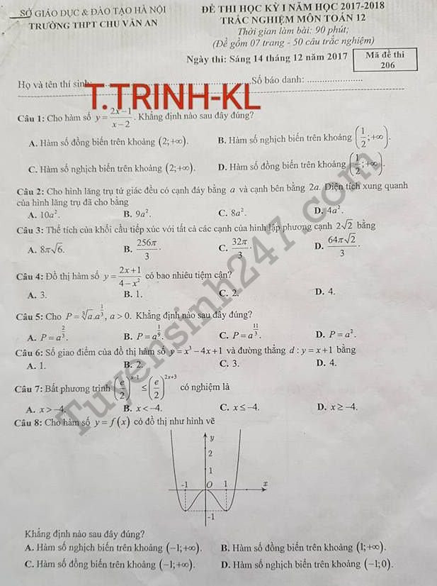 De thi hoc ki 1 lop 12 mon Toan THPT Chu Van An 2017 - 2018