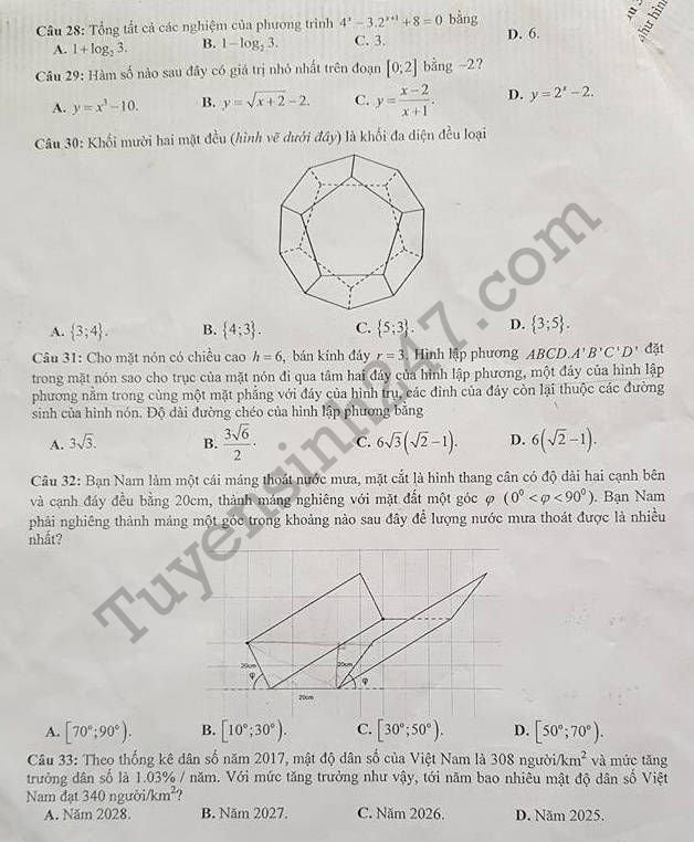 De thi hoc ki 1 lop 12 mon Toan THPT Chu Van An 2017 - 2018