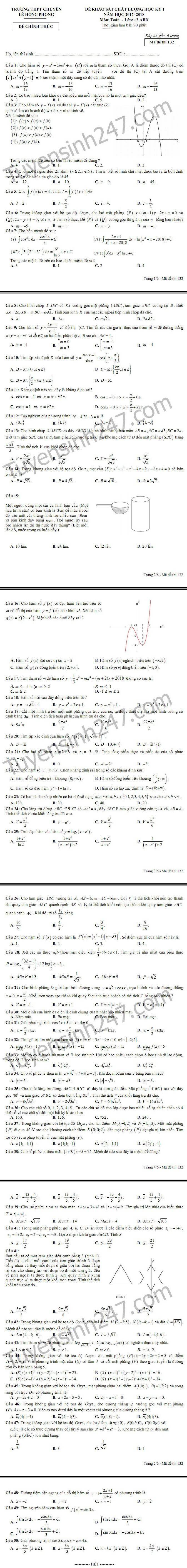 De thi ki 1 lop 12 mon Toan THPT Chuyen Le Hong Phong 2017 - 2018