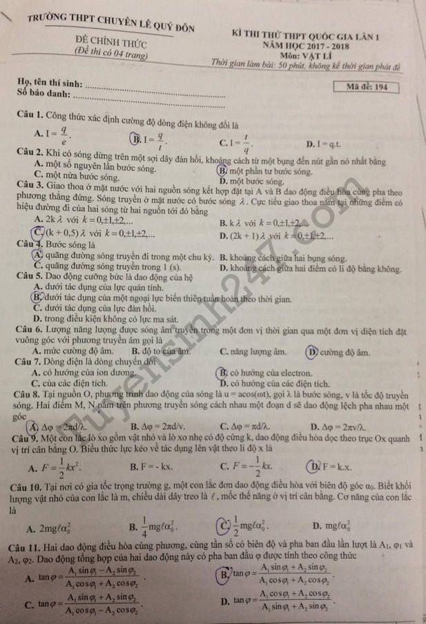 De thi thu THPTQG mon Ly THPT Chuyen Le Quy Don 2018