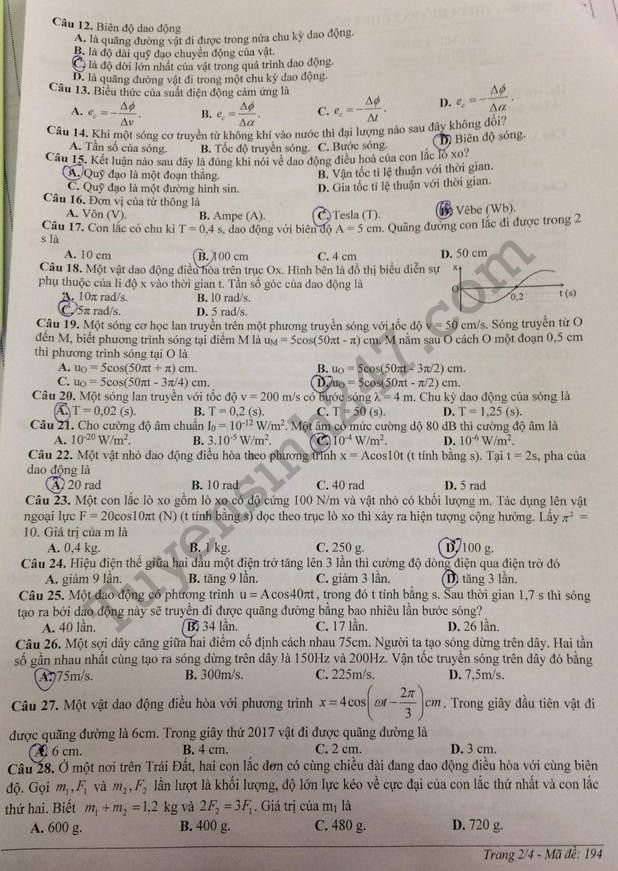 De thi thu THPTQG mon Ly THPT Chuyen Le Quy Don 2018