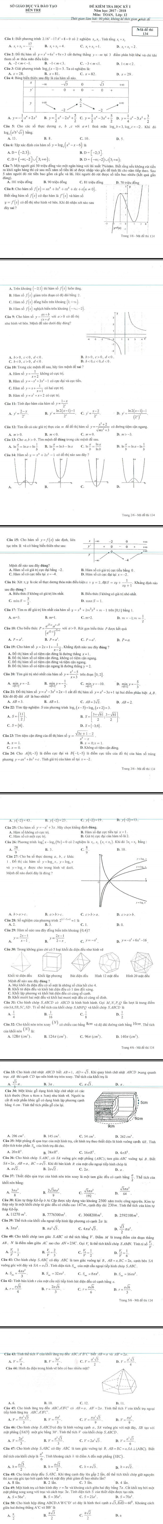 De thi ki 1 lop 12 mon Toan 2017 - 2018 So GD Ben Tre