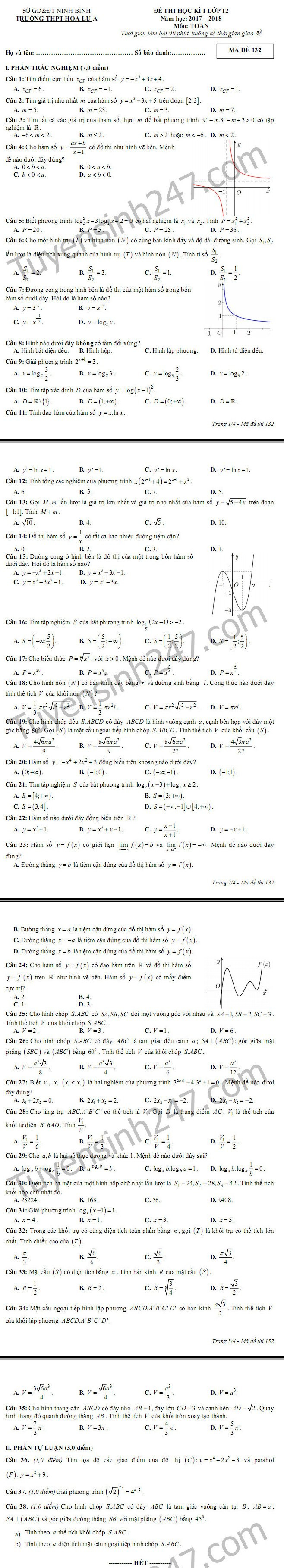 De thi ki 1 lop 12 mon Toan THPT Hoa Lu A nam 2017 - 2018