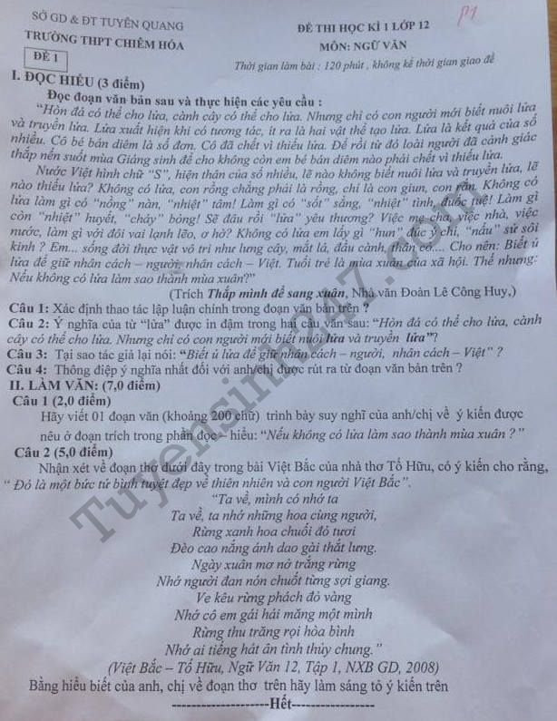 De thi ki 1 lop 12 mon Van nam 2017 - 2018 THPT Chiem Hoa