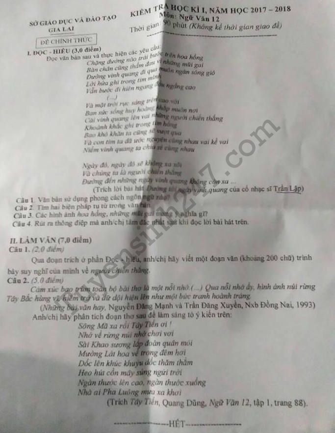 De thi ki 1 lop 12 mon Van nam 2017 - 2018 So GD Gia Lai