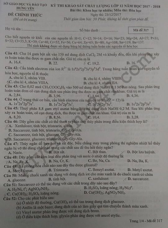 De thi thu THPTQG mon Hoa 2018 So GD Hung Yen