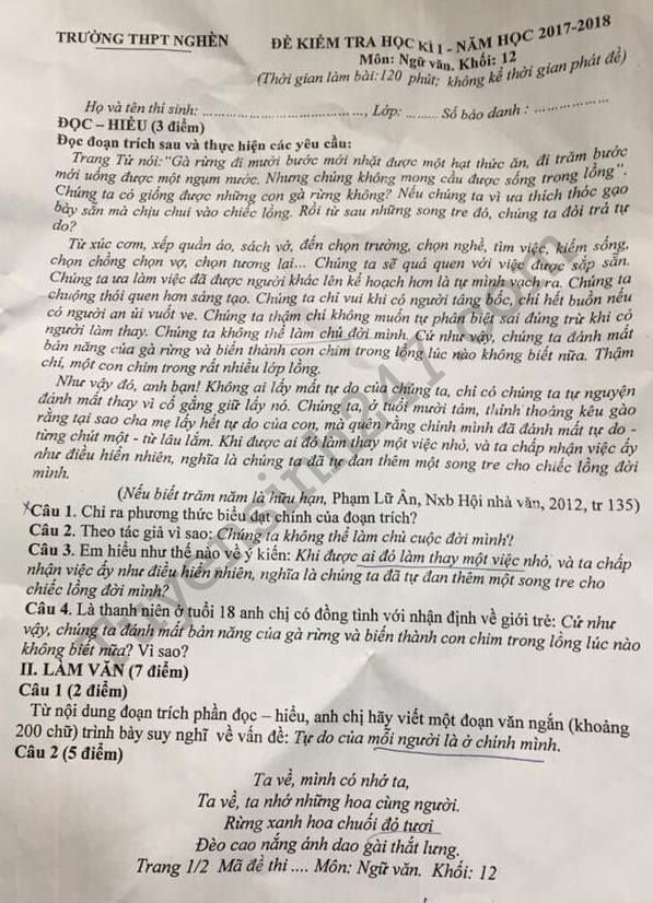 De kiem tra ki 1 mon Van lop 12 - THPT Nghen nam 2017