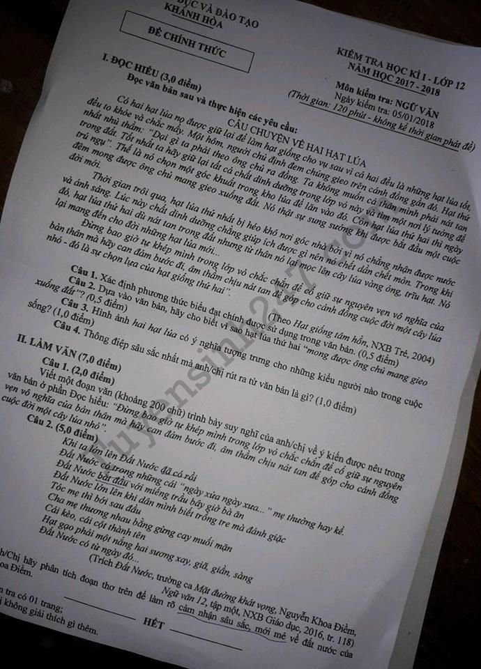 De thi ki 1 lop 12 mon Van - So GD Khanh Hoa nam 2017 lan 2