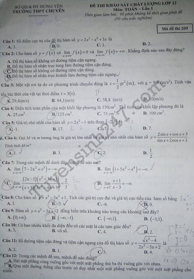 De thi thu THPTQG mon Toan Chuyen Hung Yen lan 1 nam 2018