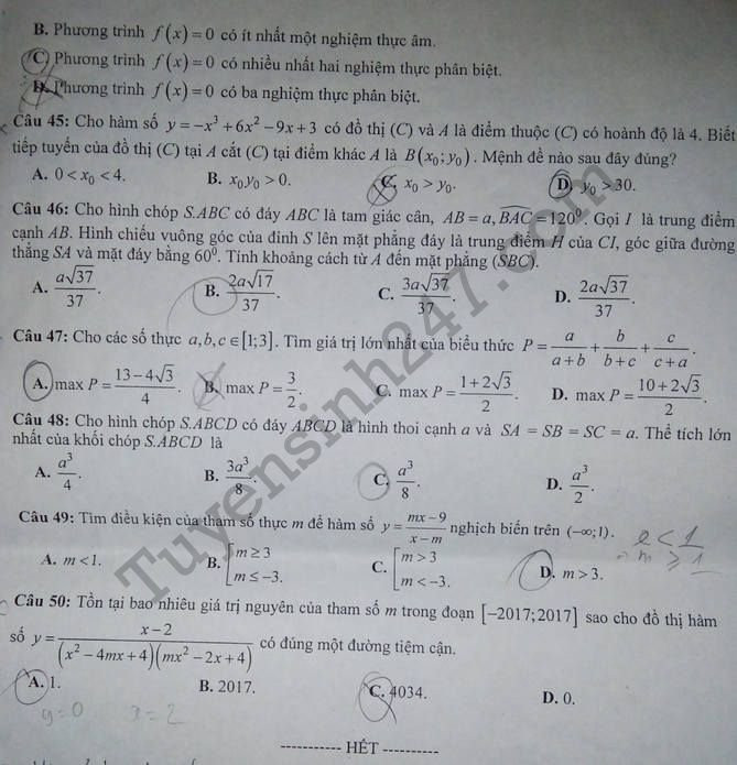 De thi thu THPTQG mon Toan Chuyen Hung Yen lan 1 nam 2018