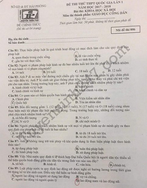de thi thu thpt quoc gia 2018 mon giao duc cong dan truong thpt chuyen tran phu