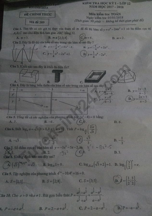 De thi ki 1 lop 12 mon Toan - So GD Khanh Hoa nam 2017