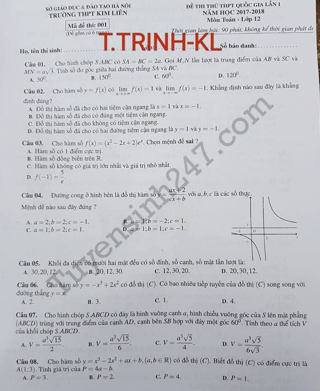 De thi thu THPT Quoc gia mon Toan THPT Kim Lien HN 2018 lan 1