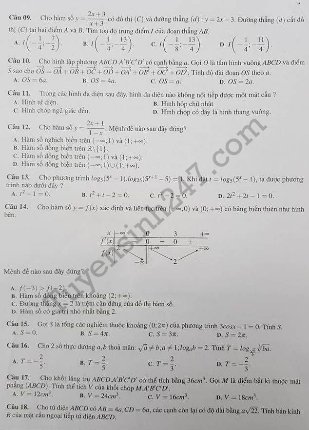 De thi thu THPT Quoc gia mon Toan THPT Kim Lien HN 2018 lan 1