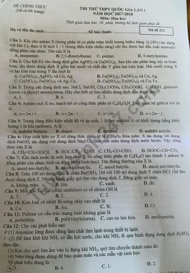 De thi thu THPT Quoc gia mon Hoa Chuyen Ha Long 2018 lan 1