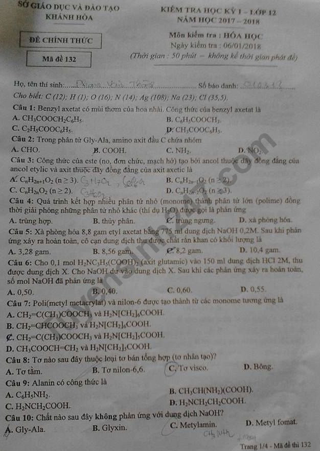 De thi ki 1 mon Hoa lop 12 So GD Khanh Hoa 2017 - 2018