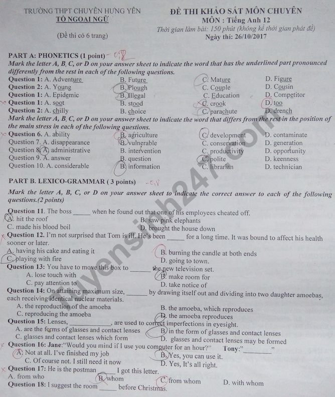 De thi thu THPT Quoc gia mon Anh Chuyen Hung Yen 2018