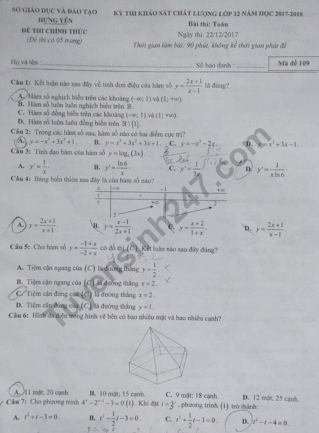 De thi thu THPT Quoc gia mon Toan - So GD Hung Yen nam 2018