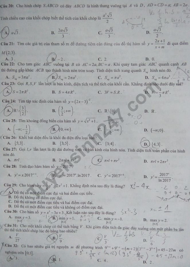De thi thu THPT Quoc gia mon Toan - So GD Hung Yen nam 2018
