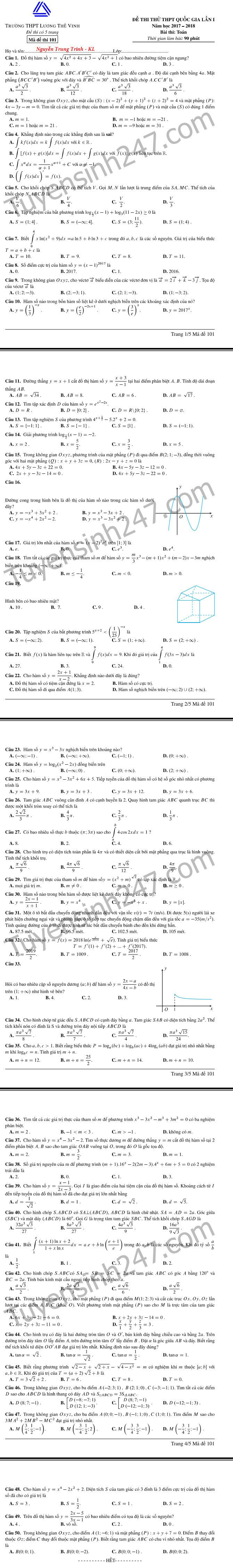 De thi thu THPT Quoc gia 2018 mon Toan - THPT Luong The Vinh lan 1