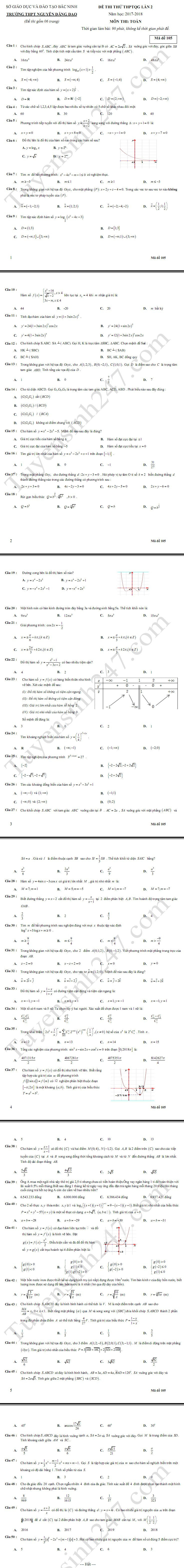 De thi thu THPTQG mon Toan THPT Nguyen Dang Dao 2018 lan 2