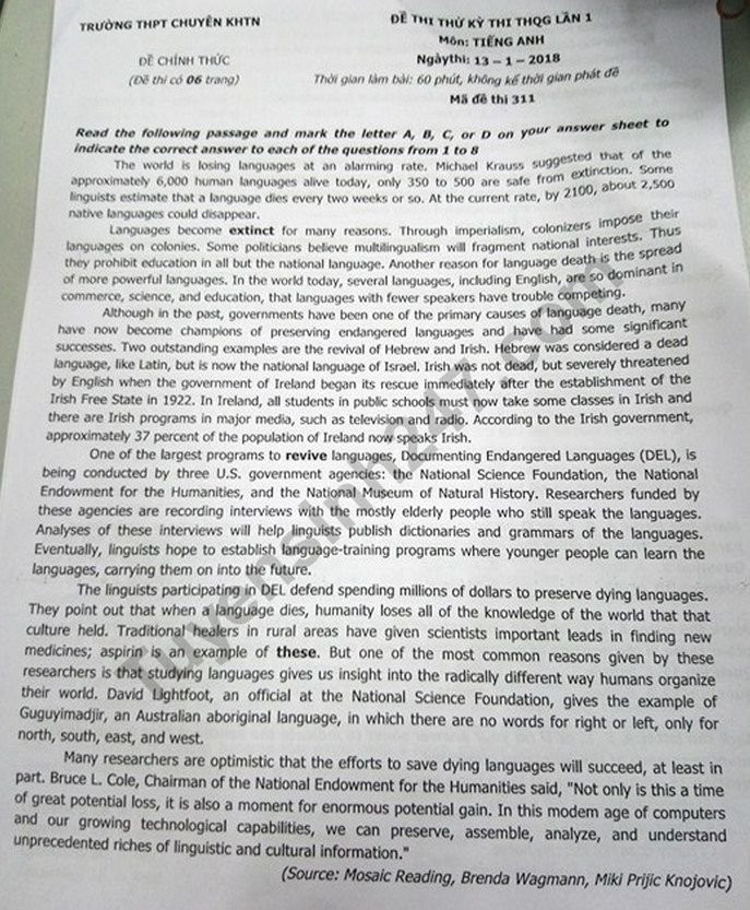 De thi thu THPTQG mon Anh Chuyen KHTN lan 1 nam 2018