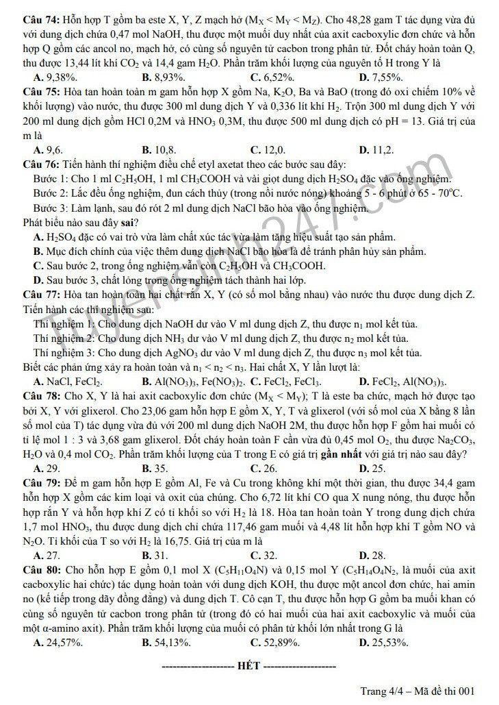 Huong dan giai de thi minh hoa mon Hoa THPT QG 2019