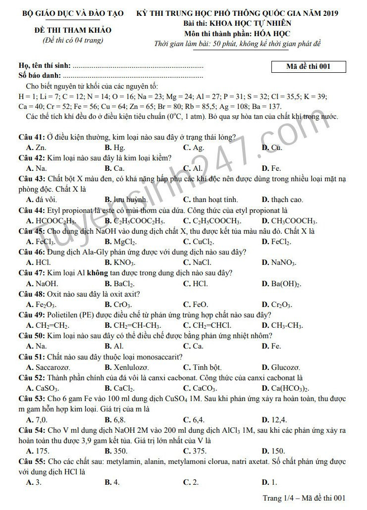 Huong dan giai de thi minh hoa mon Hoa THPT QG 2019