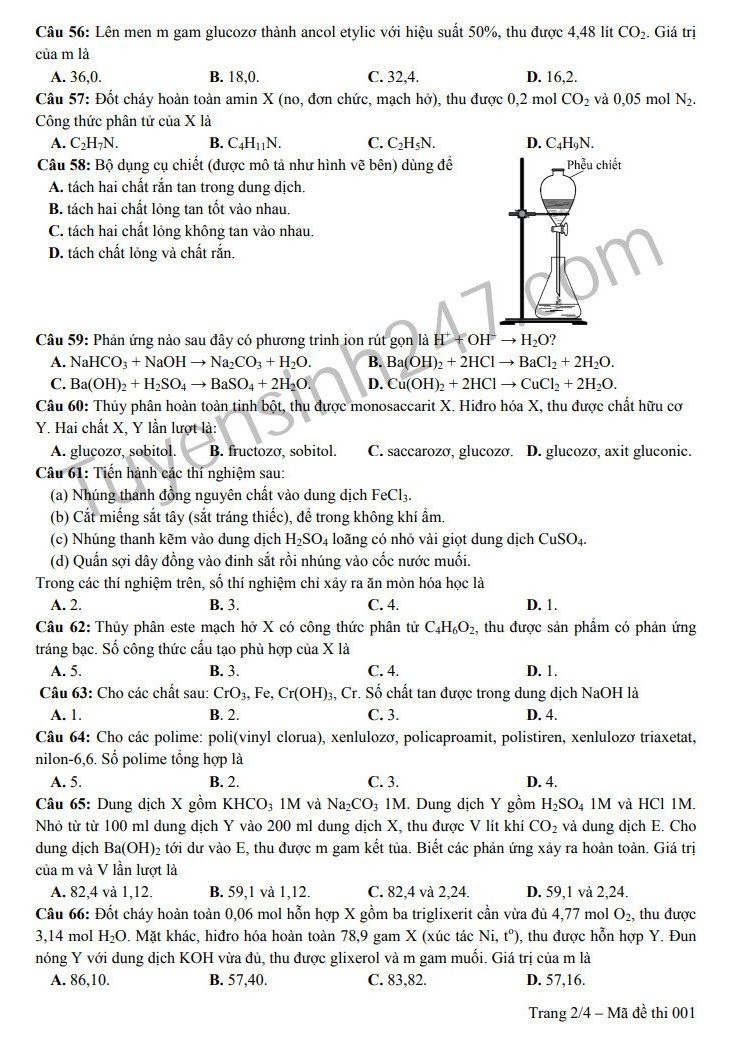 Huong dan giai de thi minh hoa mon Hoa THPT QG 2019