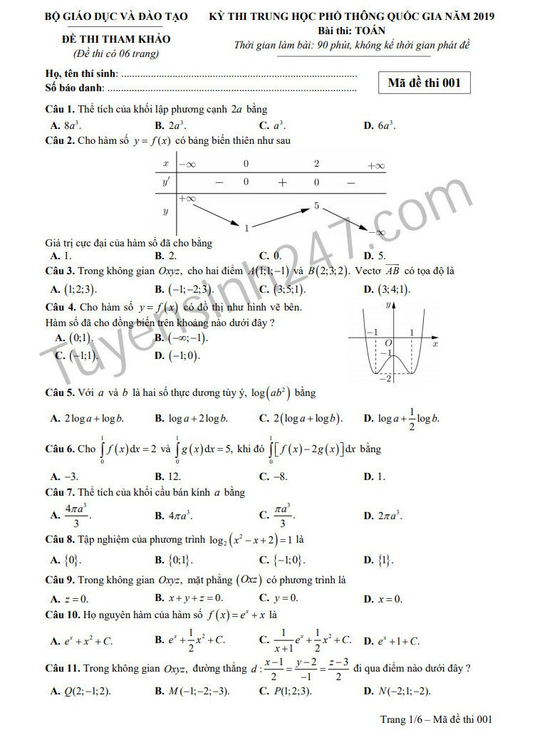 Huong dan giai de thi minh hoa mon Toan THPTQG 2019