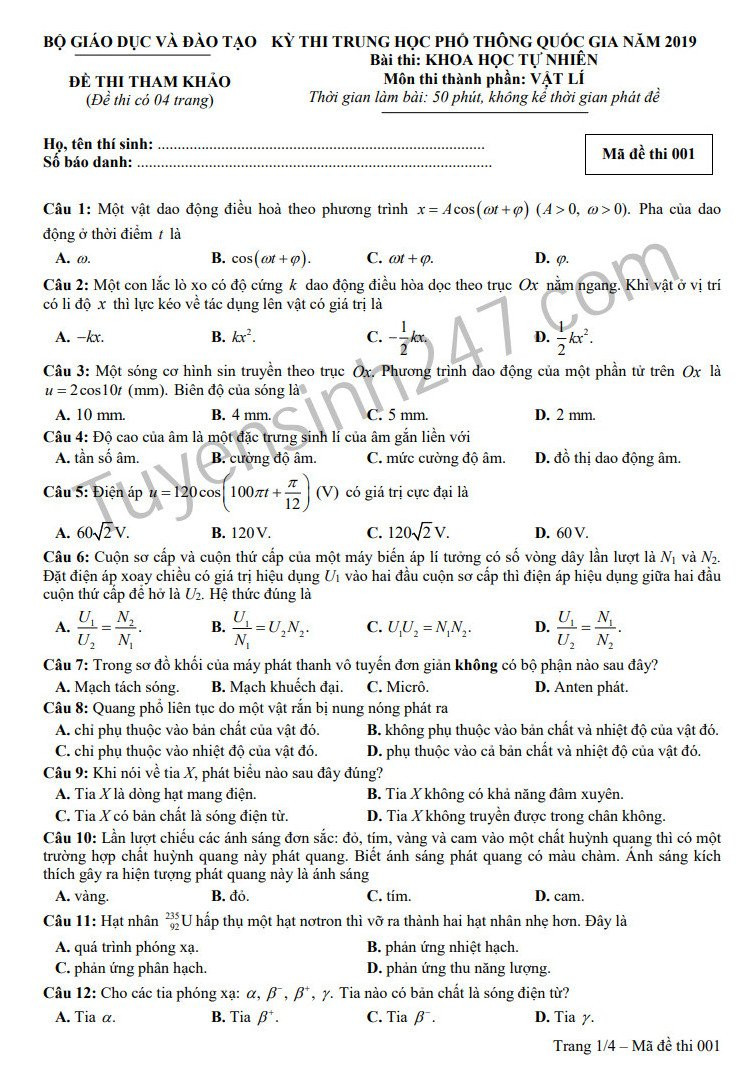 Huong dan giai De thi minh hoa mon Ly THPT QG 2019