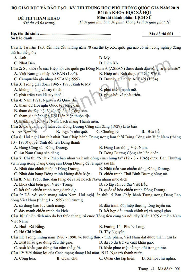 Huong dan giai de thi minh hoa mon Su THPT QG 2019