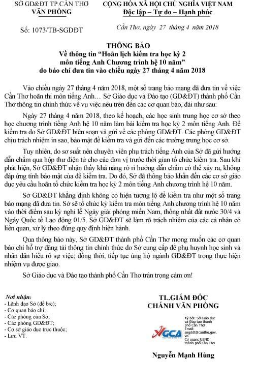 TB 1073 - VP dinh chinh ve thong tin hoan lich KT HK2 mon tieng Anh chuong trinh 10 nam