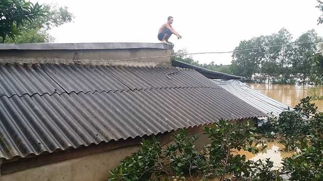 Mot nguoi dan ong o Huong Khe phai leo len noc nha tranh lu. Vietnamnet