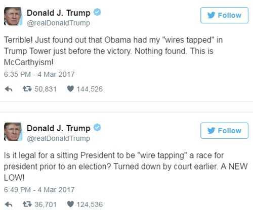 Tổng thống Donald Trump nói ông bị nghe lén trên Twitter cá nhân ngày 4/3. Ảnh: Twitter.