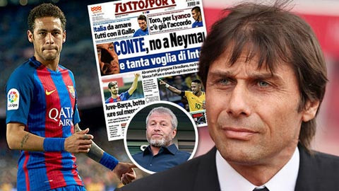 Dù ông chủ Abramovich (ảnh nhỏ) rất thích Neymar nhưng HLV Conte lại phản đối việc chiêu mộ tiền đạo này