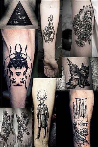 Ien Levin (Kiev, Ukraina) chỉ sáng tác bằng một màu mực đen, theo phong cách xăm vô cùng phức tạp và tạo cảm giác rùng rợn. 