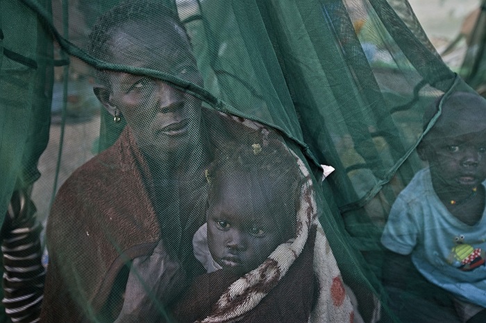 Gia đình ngồi trong màn chống muỗi ở trại tị nạn Awerial, Nam Sudan