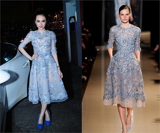 Không chỉ ăn mặc phản cảm, Angela Phương Trinh còn dính tai tiếng dùng hàng nhái. Chiếc váy này được coi là bản sao không hoàn hảo của một thiết kế Elie Saab cao cấp thuộc Bộ sưu tập Haute Couture Xuân hè 2013.