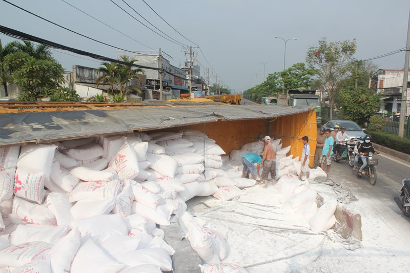 TP.HCM, Củ Chi, hôi của, xe container, lật ngang, bột mì