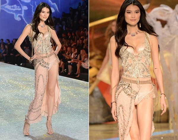 Là gương mặt Châu Á hiếm hoi trong show diễn của VS, Sui He được ví như nàng tiên của binh đoàn sexy VS khi diện bộ nội y cách điệu bằng ren trắng muốt với lông vũ tinh khôi và mềm mại.