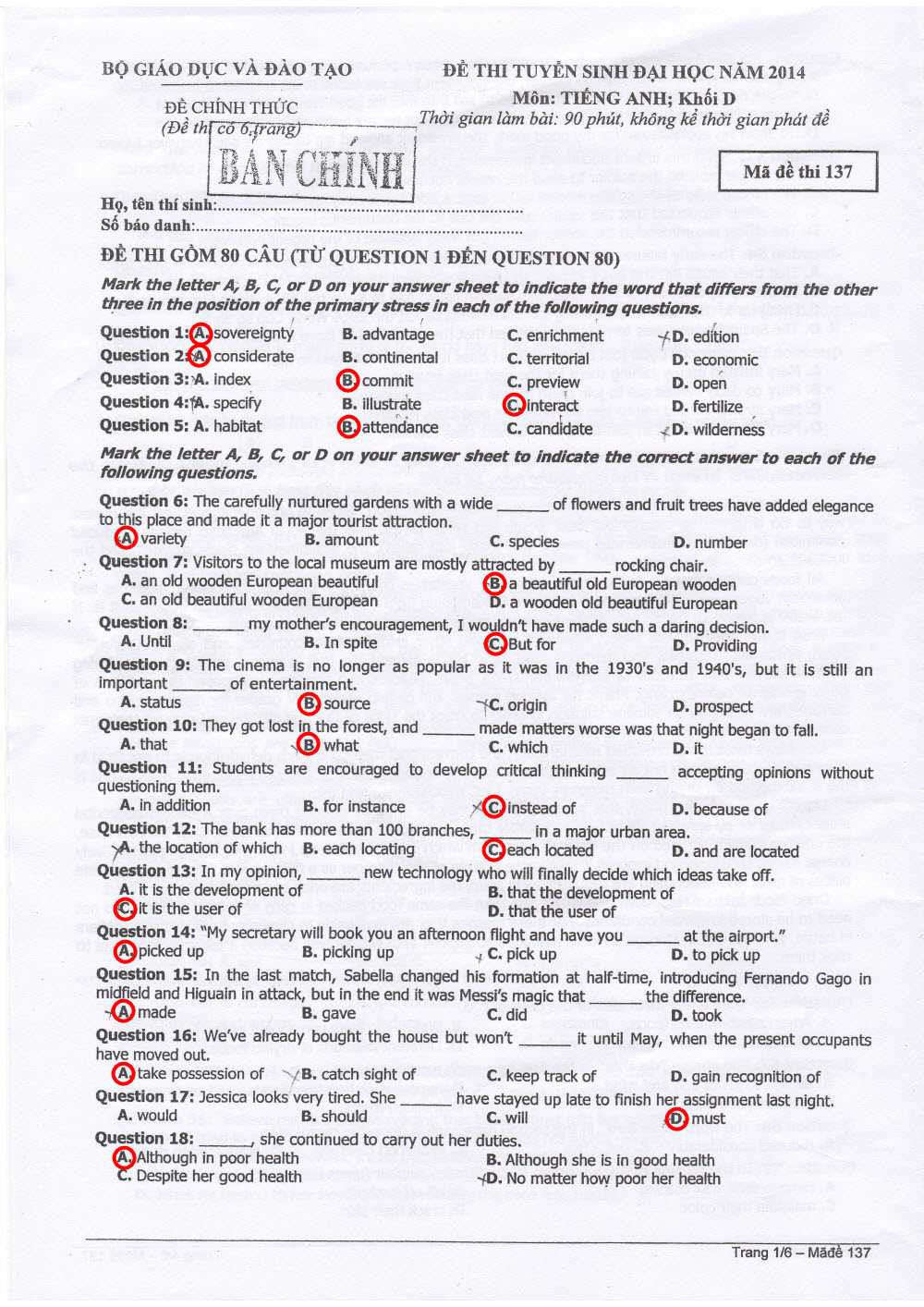 Đáp án tiếng anh