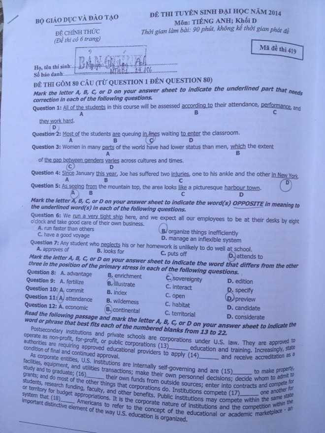 đề thi tiếng anh