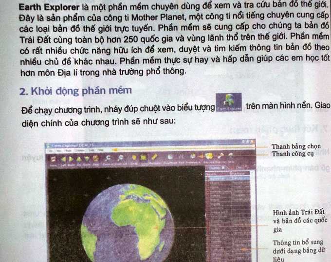 Phần giới thiệu phần mềm Earth Explorer trong sách Tin học dành cho THCS